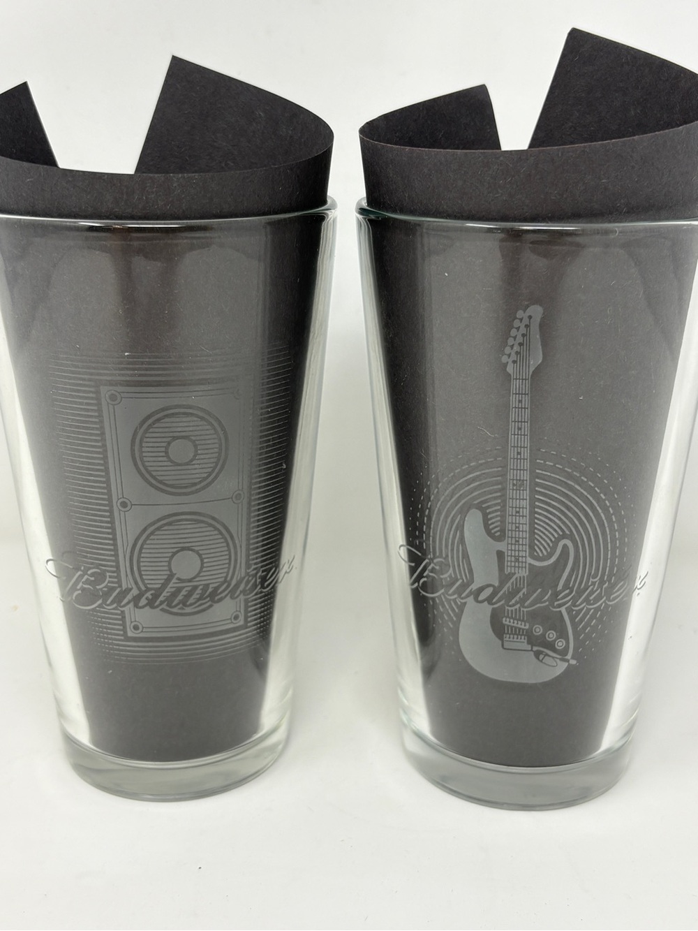 Budweiser Clear Glasses with Etched Guitar and Speaker Designs